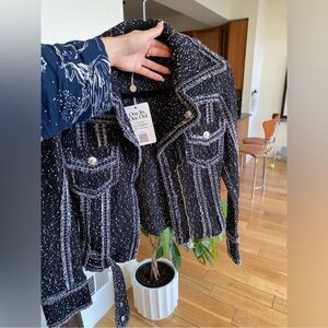 Authentic Versace cropped boucle tweed navy blue motorcycle moto bomber jacket s